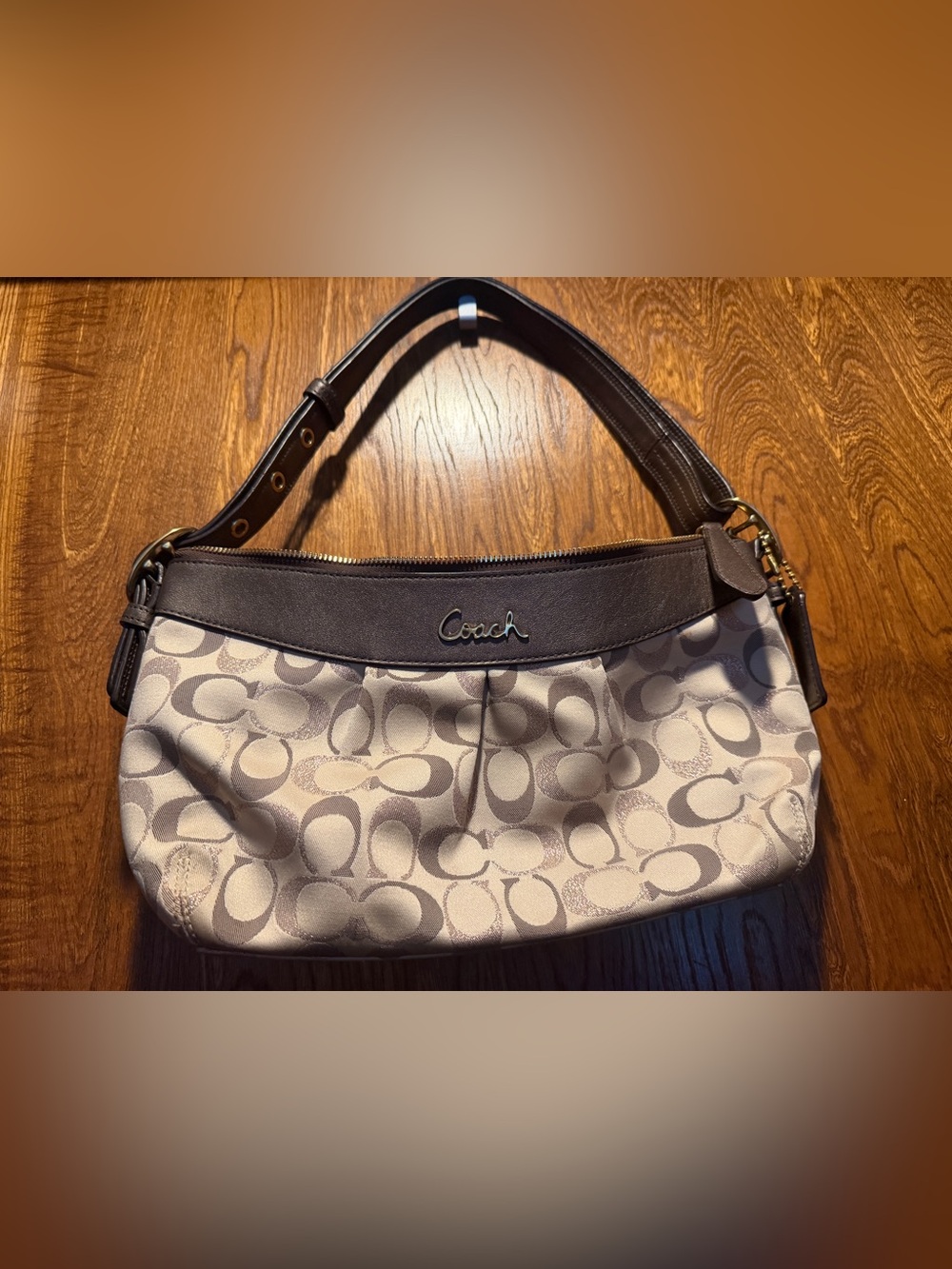 Coach Signature Shoulder Bag in Cream and Brown - purple interior